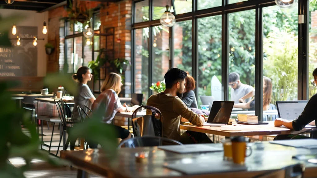 un-grupo-de-personas-sentadas-en-una-mesa-en-un-restaurante-con-una-computadora-portatil
